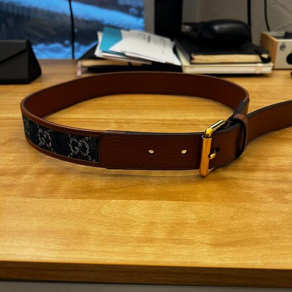GUCCI WOMENS BROWN LEATHER & DENIM SQUARE BUCKLE BELT sz 70 NEW Authentic main image 4